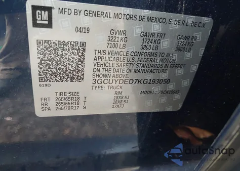 2019 Chevrolet Silverado 1500 Lt from USA, damaged, VIN 3GCUYDED7KG193050